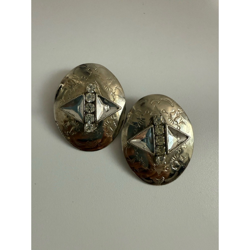 VINTAGE SILVER TONE NAVAJO OVAL EARRINGS CLEAR STONES TRIBAL WESTERN STUD